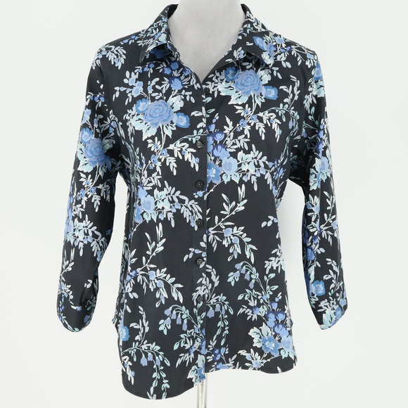 Coldwater Creek Tops - Coldwater Creek Top Petites 16P Navy Blue Floral Cotton Blouse Career Whimsy